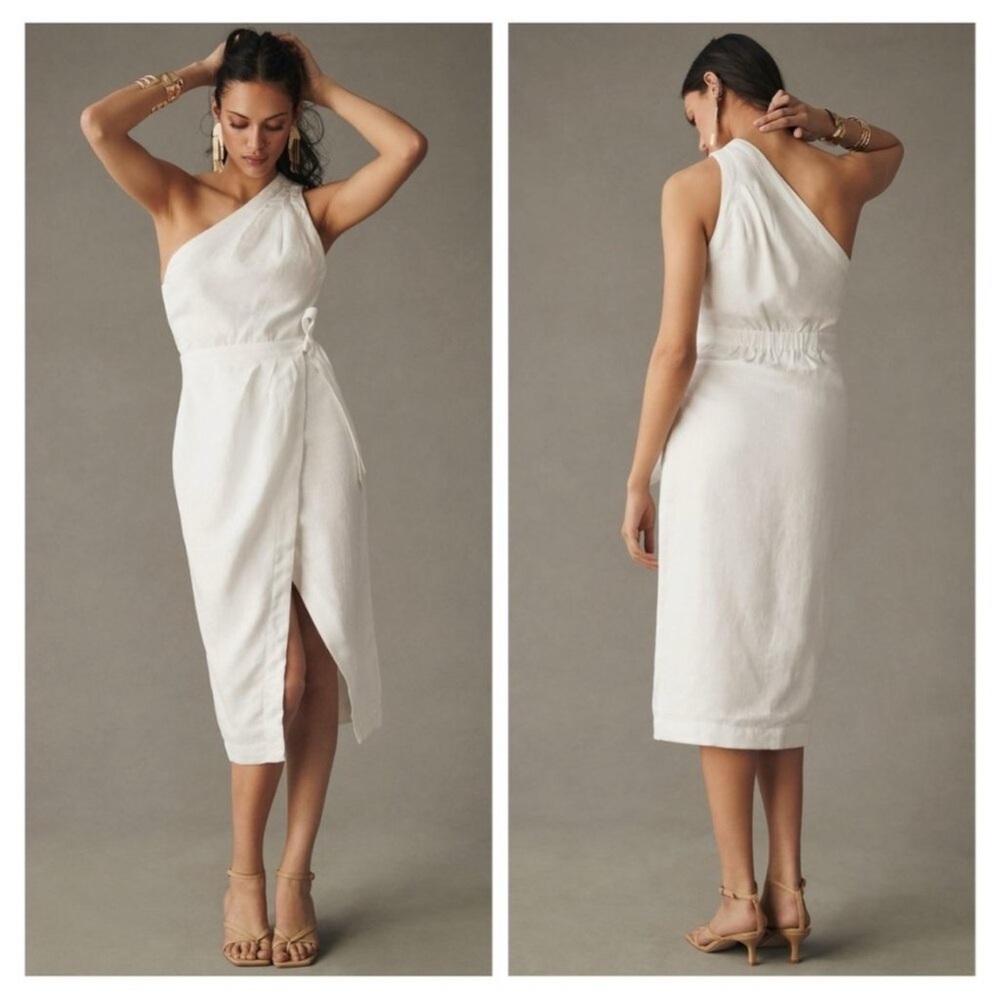 NWT Anthropologie White One-Shoulder Linen Dress Sz 10